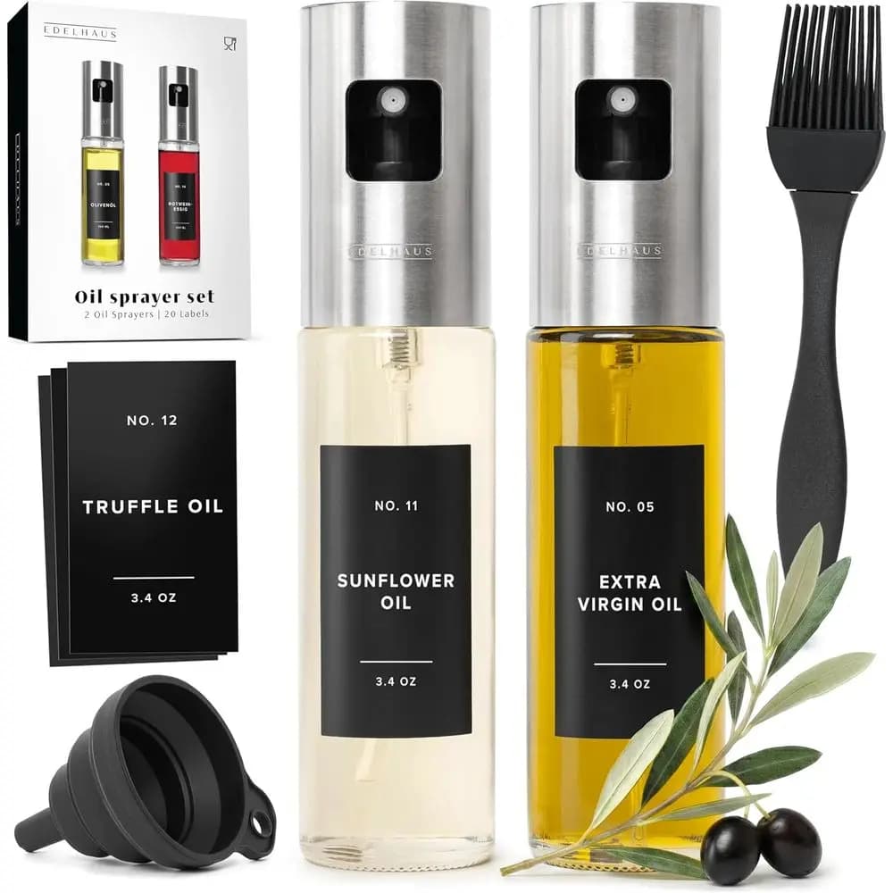 Set di 2 Spruzzatori per Olio in Acciaio Inox e Vetro con Tappi Argentati per Olio da Cucina e Aceto