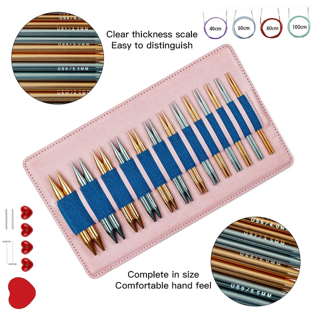 Dual Color Interchangeable Circular Knitting Needles Set, 13Pair Aluminum Needles, Detachable Weaving Set for Scarves & Sweaters