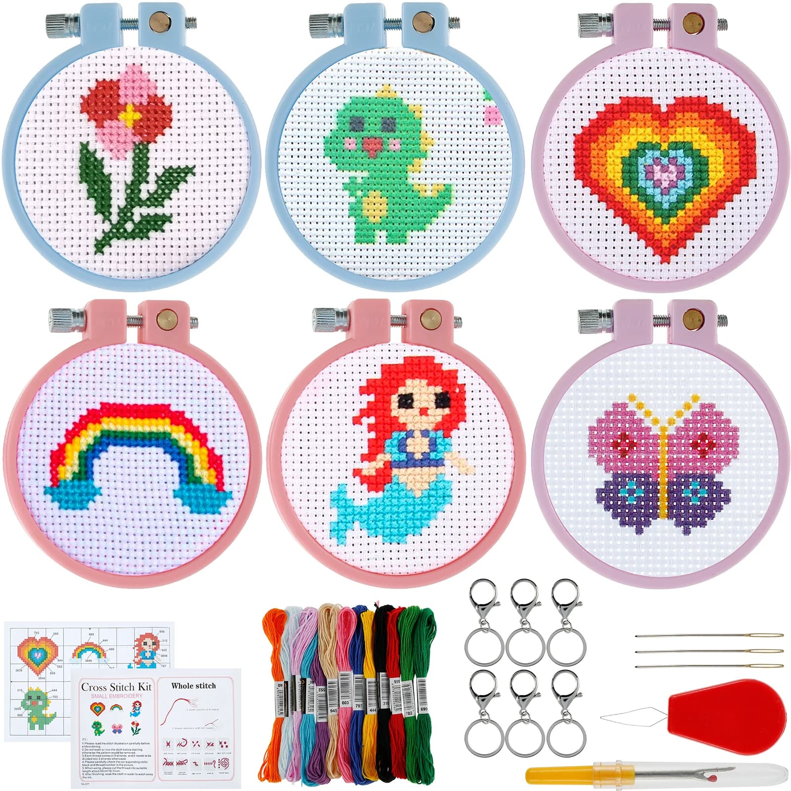 6 pezzi kit per principianti ricamo set punto croce fai da te kit iniziale ricamo strumento per infilare aghi portatili con cerchio per bambini