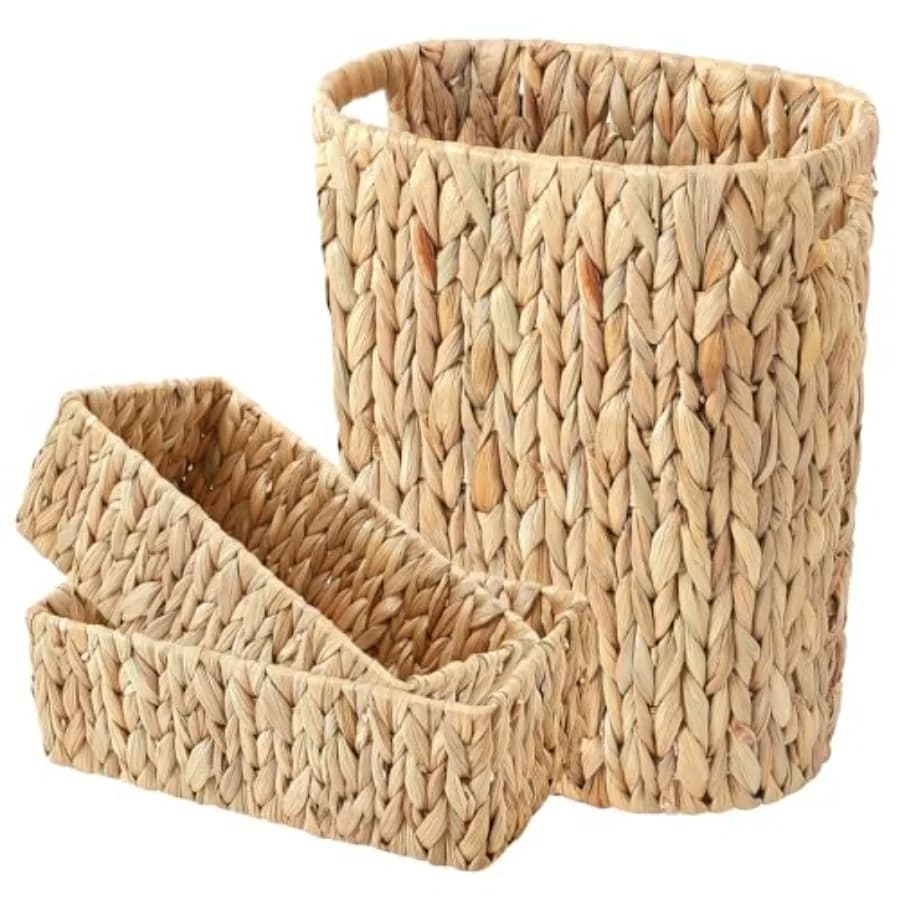 Cestino per Rifiuti in Giacinto d'Acqua 15L, Contenitore Naturale in Vimini con 2 Cestini Organizzatori Multifunzionali per Bagno, Toilette, Cucina, Camera da Letto