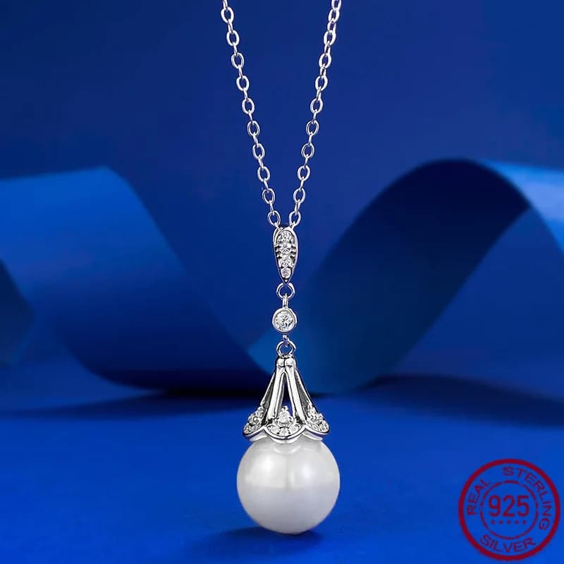 New S925 Silver Synthetic Bead Necklace 12mm Simple Dreamcatcher Pendant Clavicle Chain Gift Chain Wedding Jewelry
