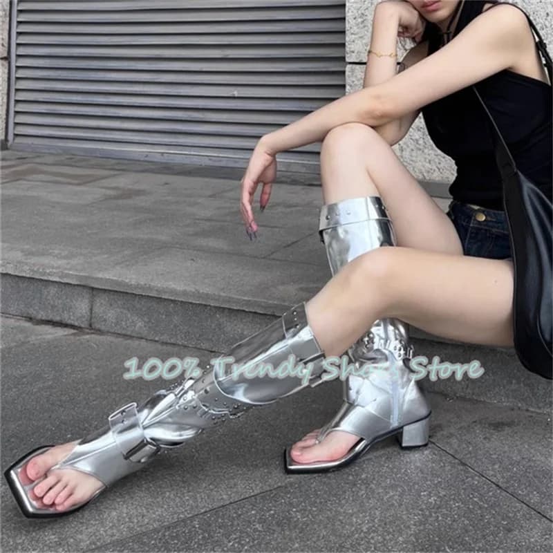 Dressed with belt buckle with punk rivets Women's cool summer boots Square toe Knee boots with big heel Women's motorcycle boots