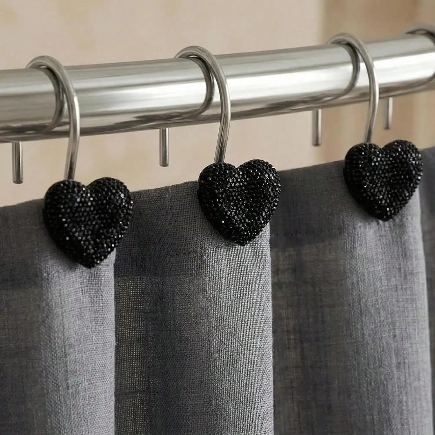 Black Heart Shower Curtain Hooks: 12 Pcs Sparkling Shower Hooks With Crystal Rhinestones - Stainless Steel Shower Rings Hangers