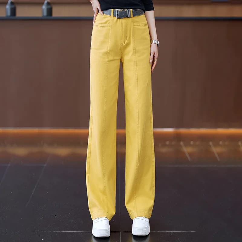 Jeans gialli stretti a gamba larga da donna, pantaloni lunghi dritti larghi versatili dimagranti a vita alta primaverili e autunnali