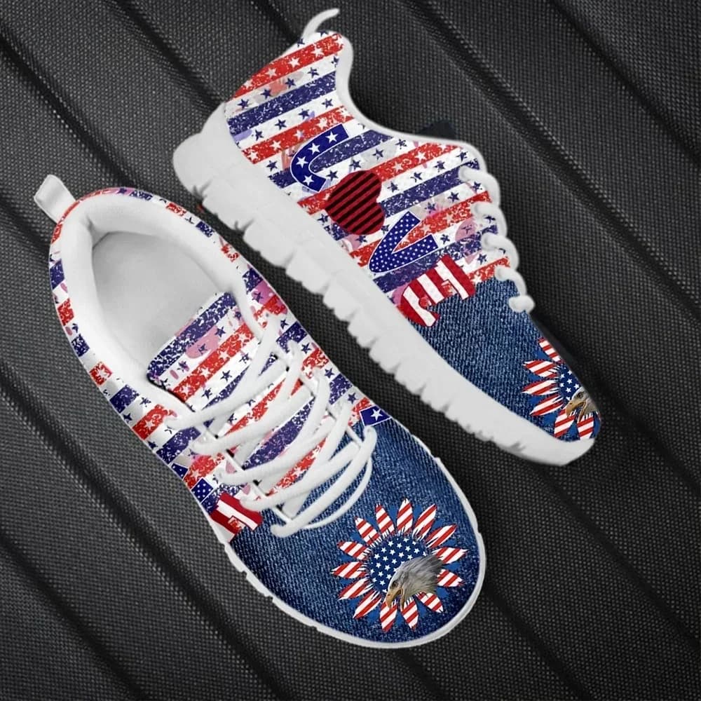Sneakers Casual Personalizzate con Design Bandiera Americana e Girasole, Scarpe da Corsa Traspiranti e Morbide con Lacci