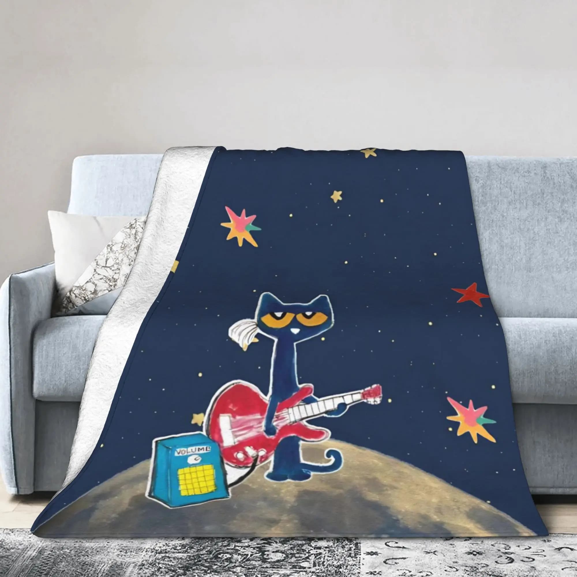 Pete The Cat Cartoon Space Guitar Blanket Flannel Awesome Warm Throw Blankets for Home Summer