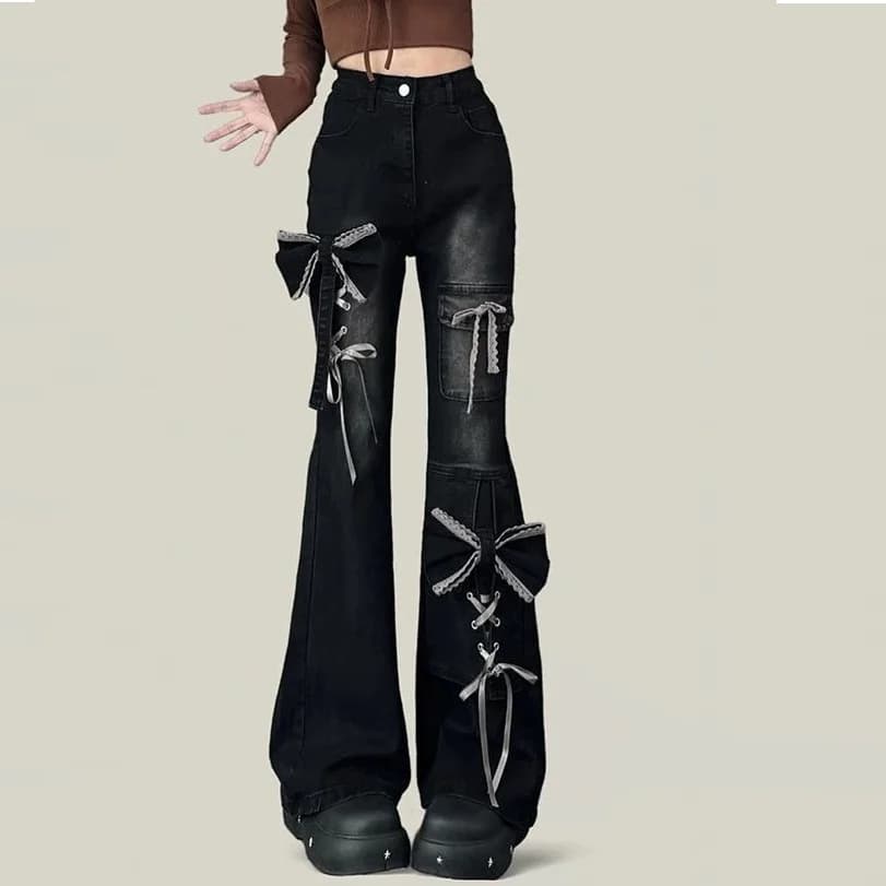 CHICATWILL Jeans bootcut alla moda in denim per donna, stile giapponese, graziosi pantaloni svasati con laccio a fiocco, pantaloni lunghi slim skinny neri