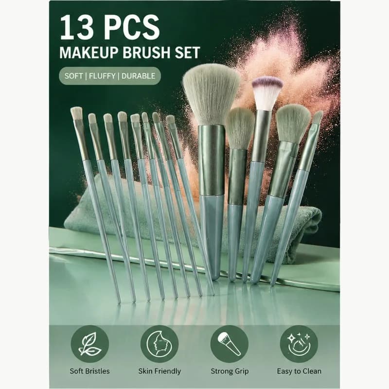 13Pcs Green Makeup Brush Kit Soft Bristles Face Eye Brush Set for Blush Powder Foundation Concealer Contour with Travel Bag