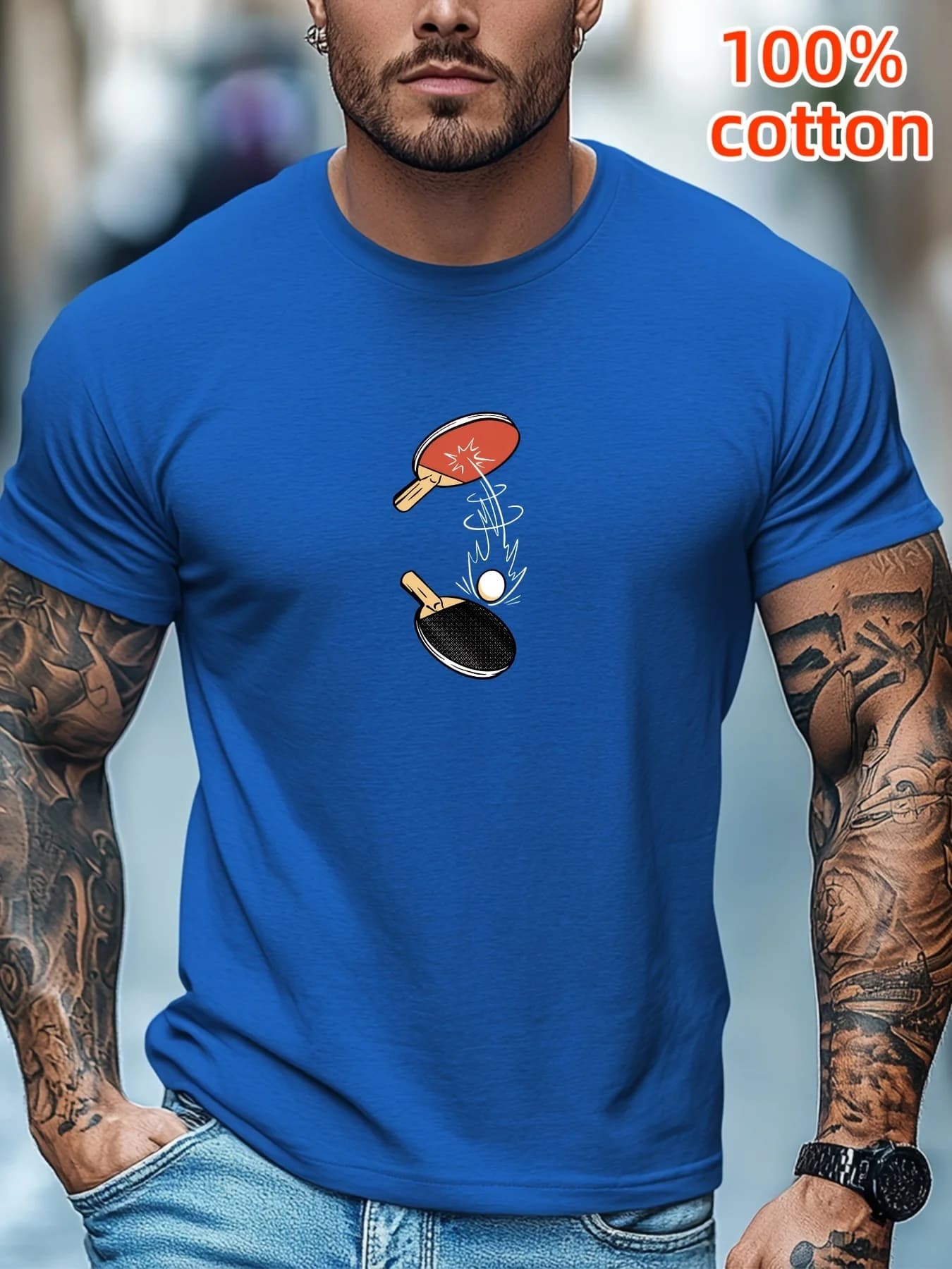 Men's short sleeve t-shirt with ping pong graphics print and ping pong racket, cotton, crew neck