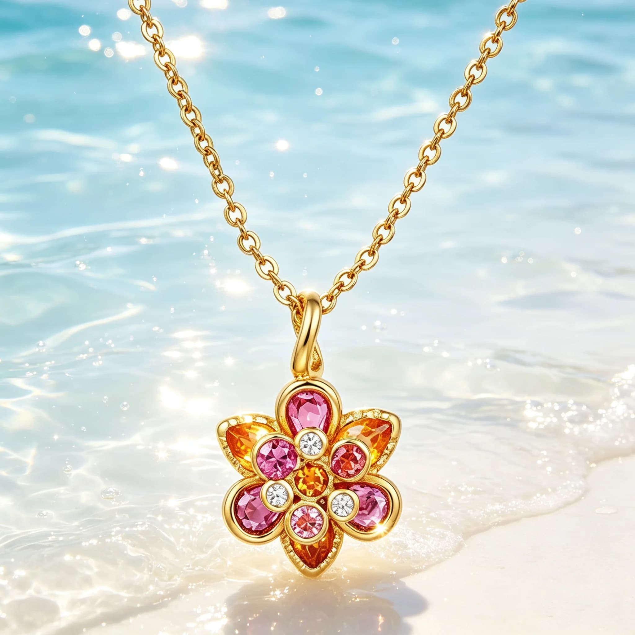 2026 Women Romantic Sparkly Multi‑Gem Flower Pendant Gold Plated Necklace Pink Orange Zircon Bohemian Jewelry Wedding Party Gift