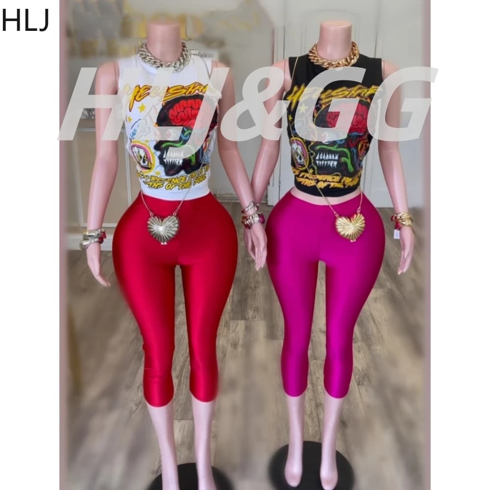 HLJ Moda Y2K Modello Stampa Set a due pezzi Donna Girocollo Top senza maniche + Pantaloncini skinny Abiti Tendenza femminile 2 pezzi Streetwear