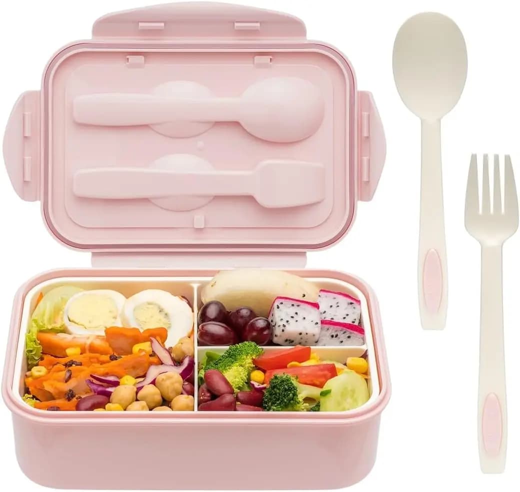 Contenitore per Pranzo Bento da 1100 ML per Adulti e Bambini con Cucchiaio e Forchetta - Resistente, Senza BPA, 3 Scomparti, Adatto al Microonde