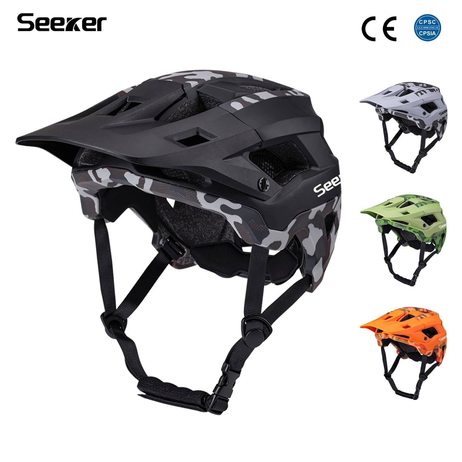 Casco da mountain bike Seeker mimetico, casco da ciclismo unisex leggero, casco traspirante anti-collisione per downhill e trail outdoor.