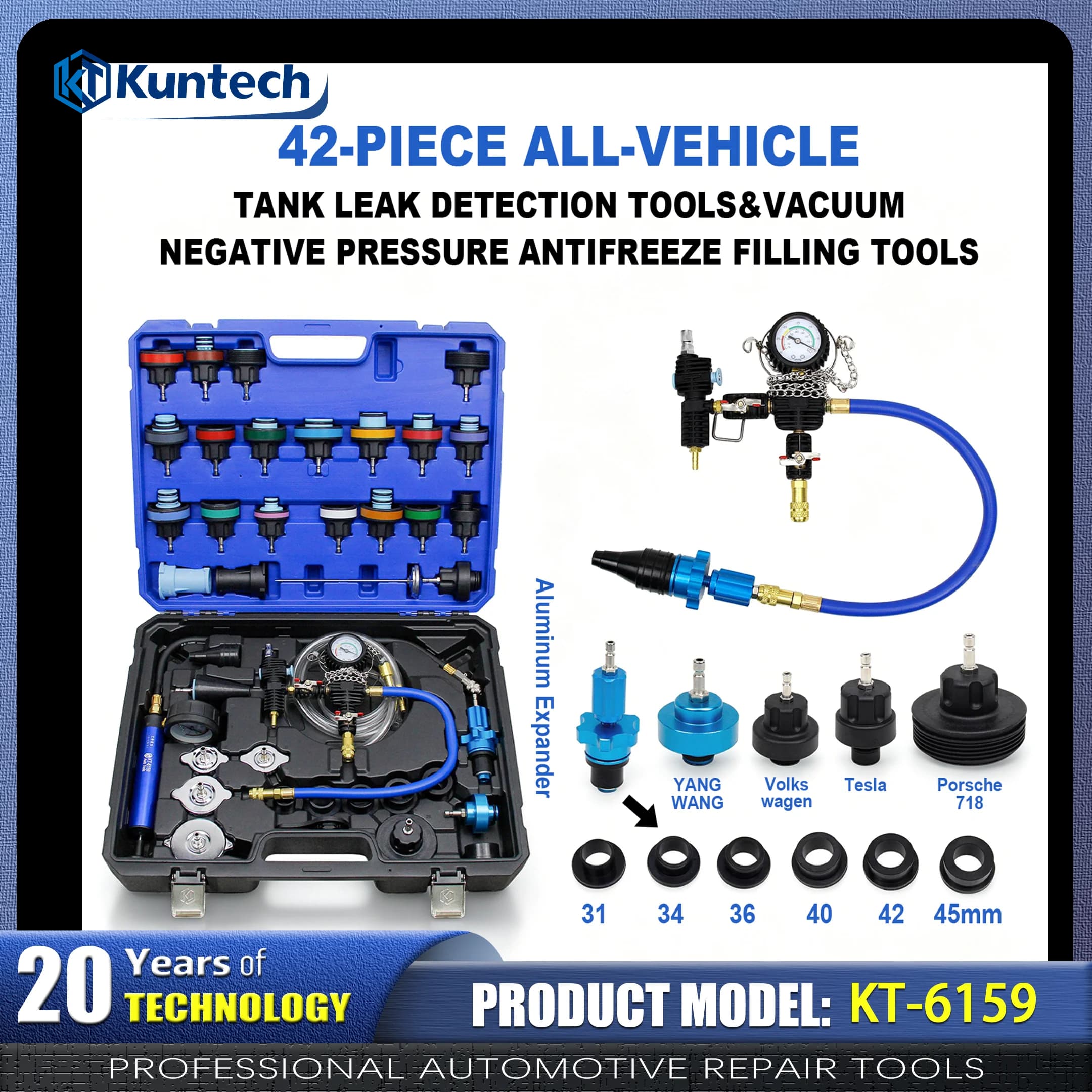 Professional Automotive Cooling System Leak Detector & Vacuum Coolant Refill Tool Kit 42Pcs Radiator Pressure Test Antifreeze