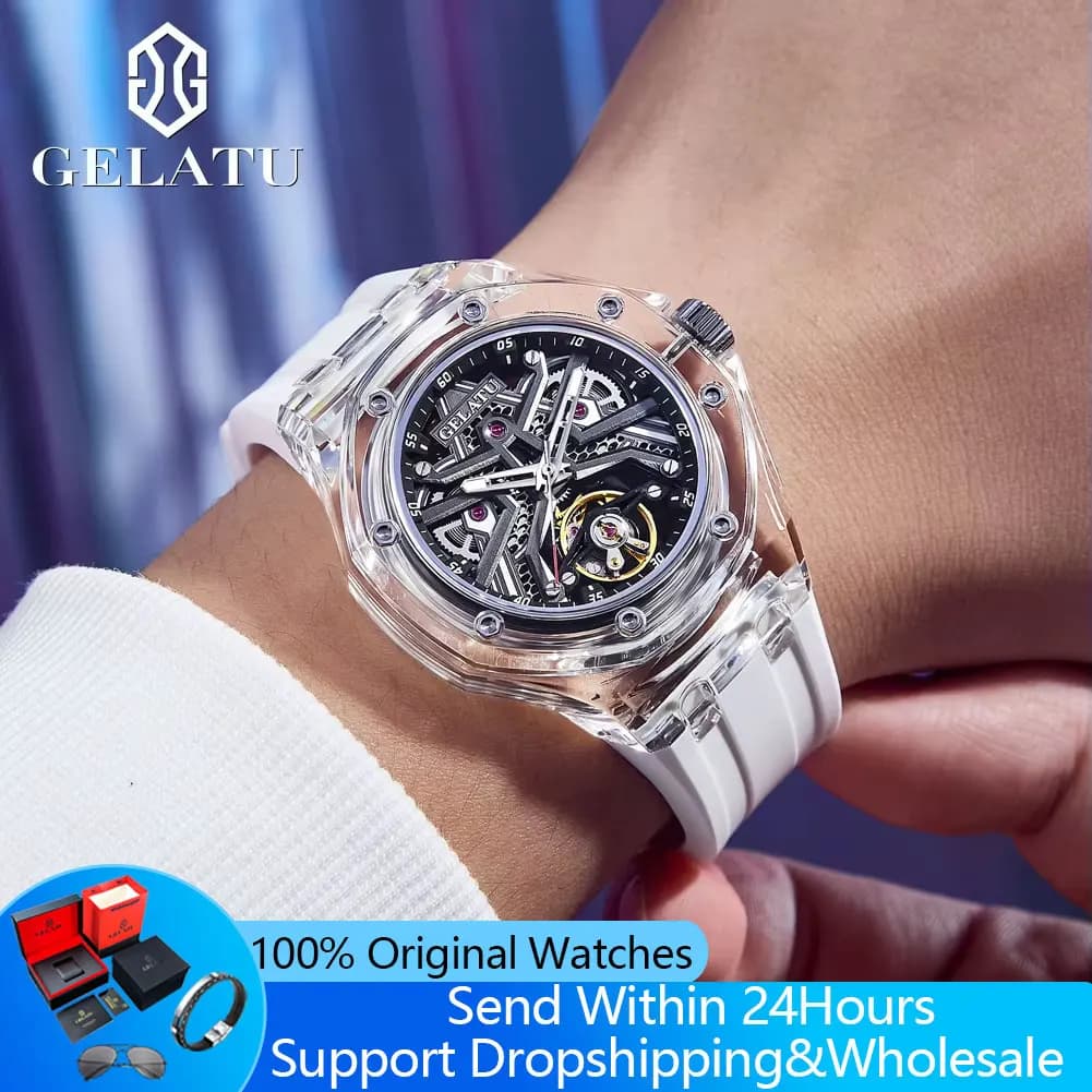 GELATU 8002 Top Luxury Man Watch Transparent Case Hollowed Automatic Mechanical Watch For Men Elegant Men's Sports Wristwatches