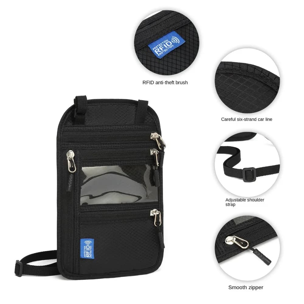 RFID Blocking RFID Passport Bag Waterproof Anti-theft Neck Wallet with Adjustable Neck Strap Multi-Pockets Passport Document Bag