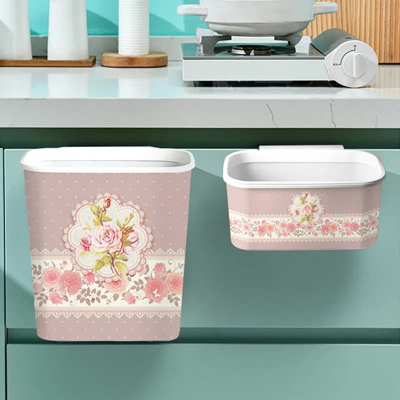 Retro Rose Pattumiera Pastorale Elegante Pattumiera Cucina Appesa Secchio Sanitario Cesto di carta per la casa creativa Cestino per il bagno