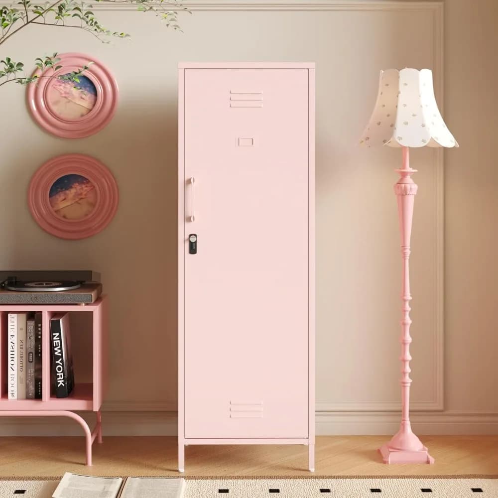 Armadietto portaoggetti con armadietto in metallo, armadietto per attrezzi con chiusura rosa 59 H Organizzatore per armadietto per snack per bambini con ripiani regolabili per la scuola