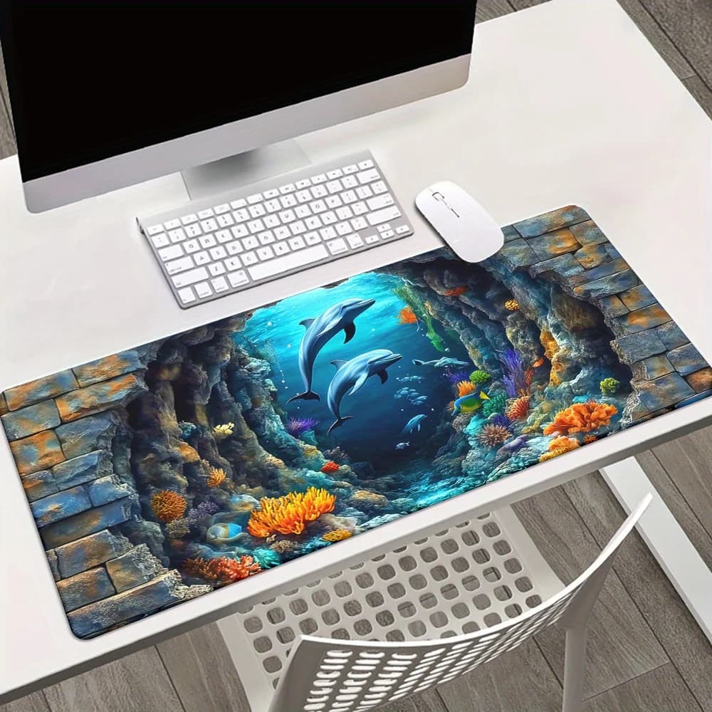 Tappetino per Mouse XXL Dolphin Coral Reef, Resistente in Gomma Antiscivolo per Gaming e Ufficio