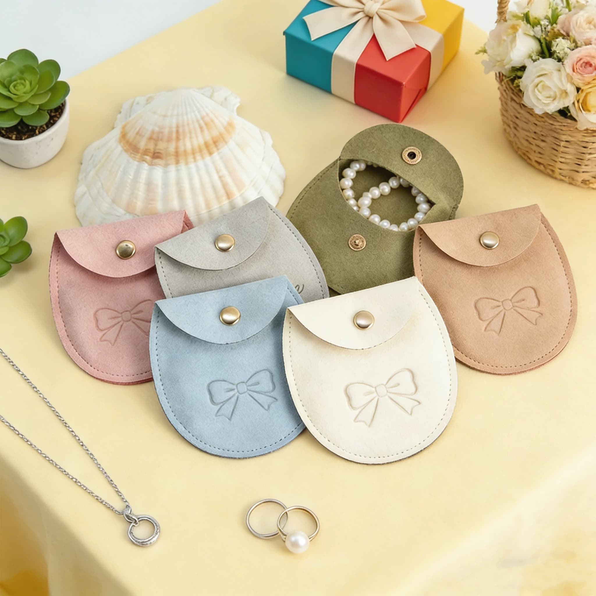 50/100 Sacchetti in Microfibra Personalizzati con Logo, Piccole Buste in Camoscio con Bottone a Pressione per Collane, Orecchini, Gioielli, Bomboniere e Confezioni Regalo