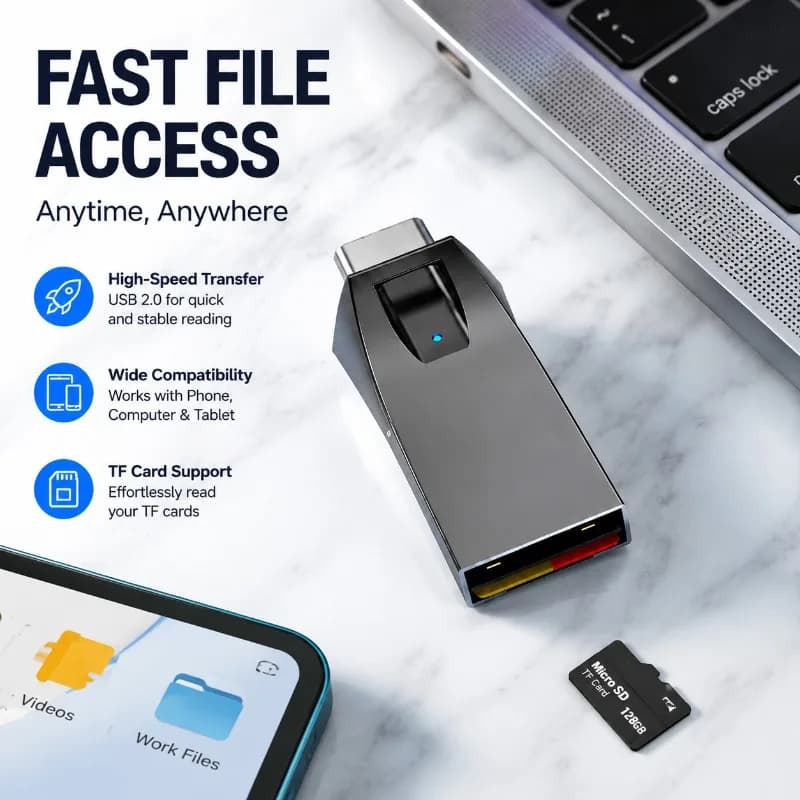 USB2.0 Type-C Dual-head Metal Card Reader Universal TF Memory Card Adapter Fast Data Transfer Compatible with Cellphone Laptop