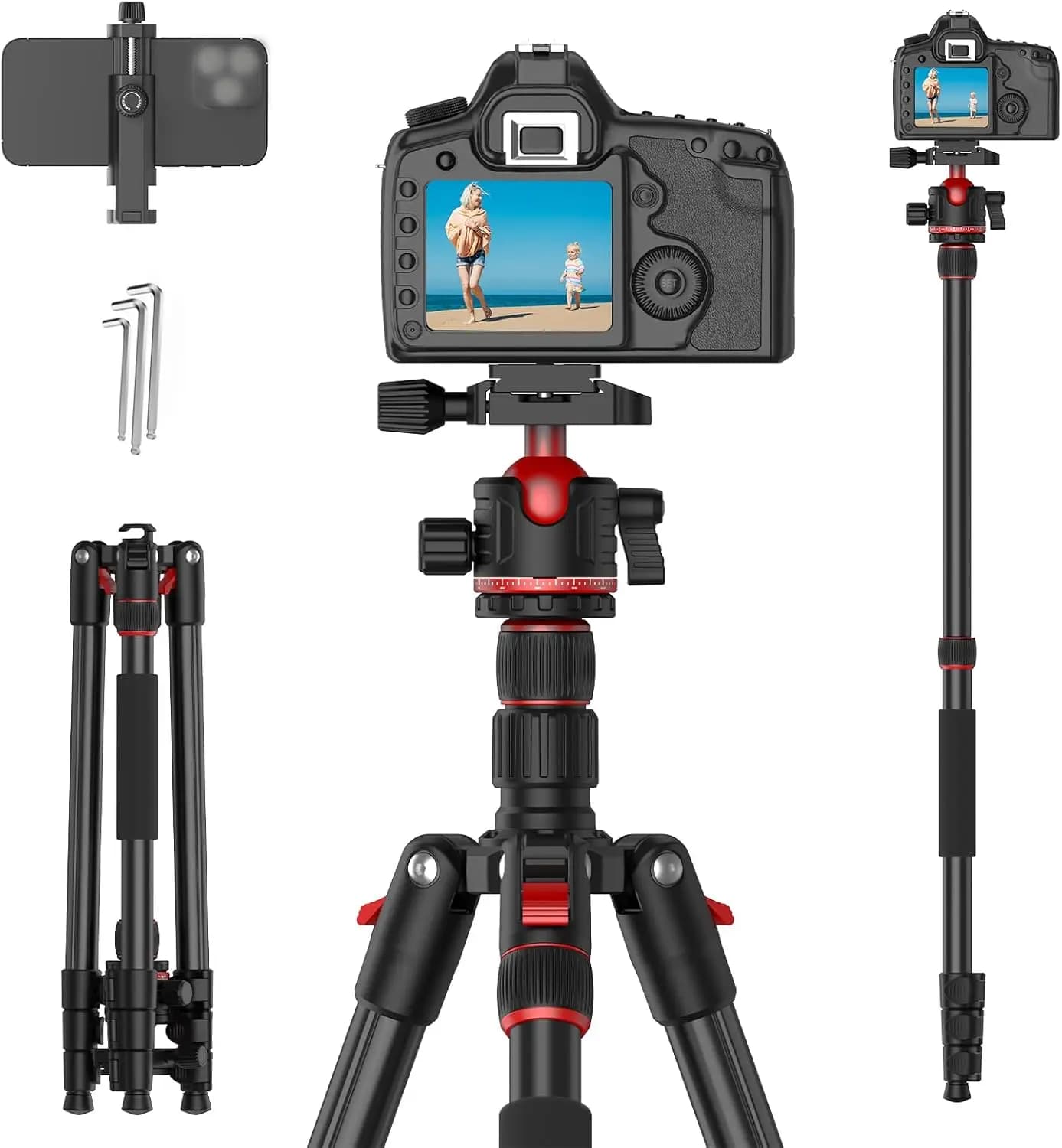 Treppiede per Fotocamera DSLR da 74 Pollici con Rotazione a 360 Gradi ° Testa a sfera, piastra a sgancio rapido, supporto per telefono, supporto da viaggio leggero in alluminio, carico massimo 10 kg