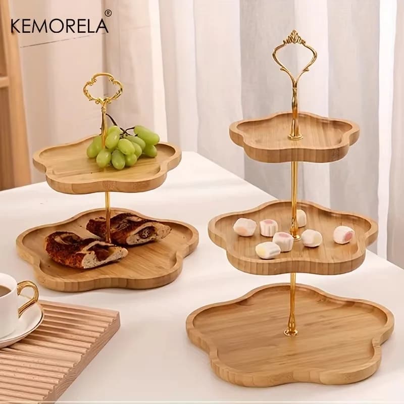 KEMORELA Cesto di frutta secca a tre/due strati stile fiore Piatto di legno Cesto di frutta Piatto di snack Caramelle Dessert Torta Stand Display