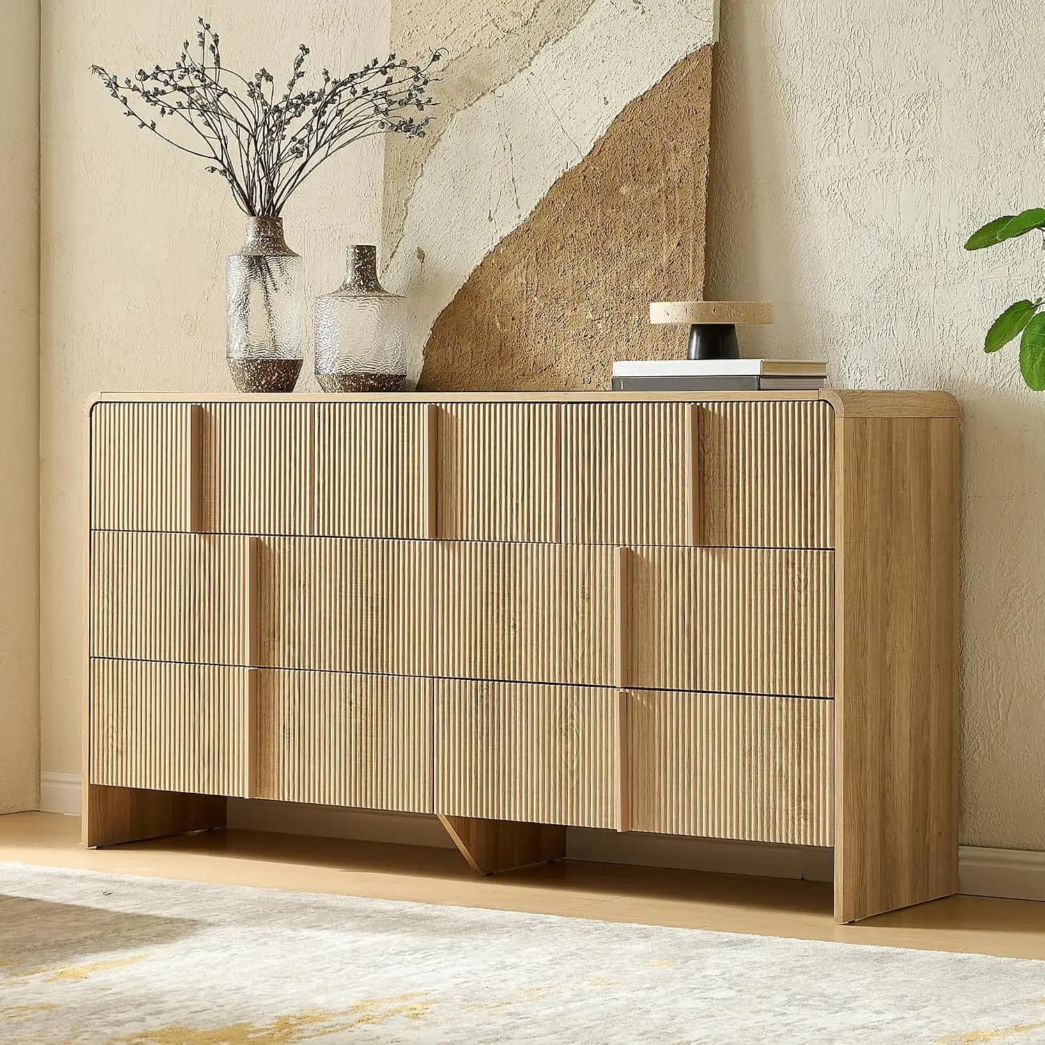 63" Fluted 7 Drawer Dresser, Wide Modern Chest of Storage Drawers with Pine Handles, Rounded Corners & Anti-Tip, Customized