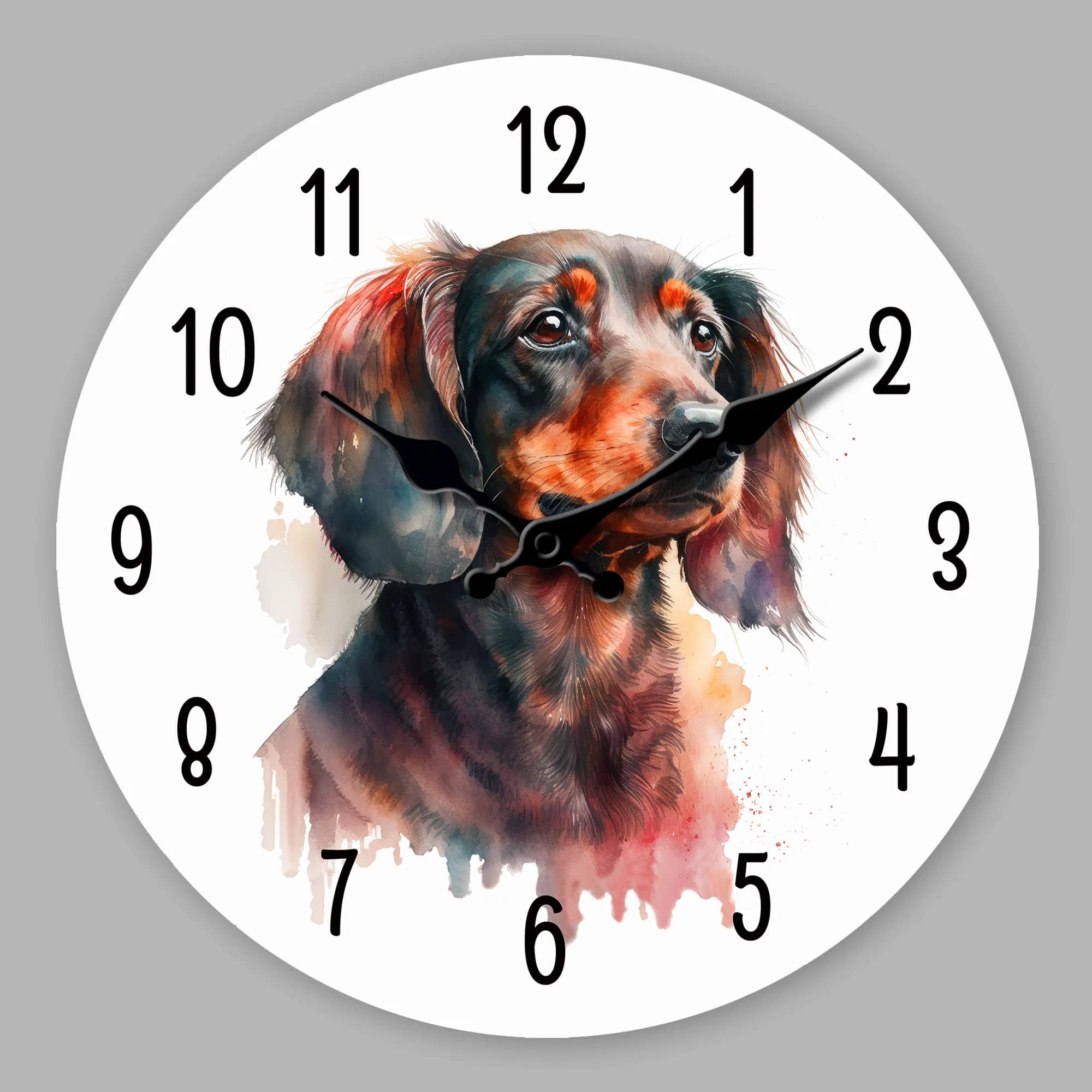 Simpatico orologio da parete con bassotto, orologio da parete silenzioso, decorazione artistica ad acquerello per la casa, regalo creativo per gli amanti dei cani