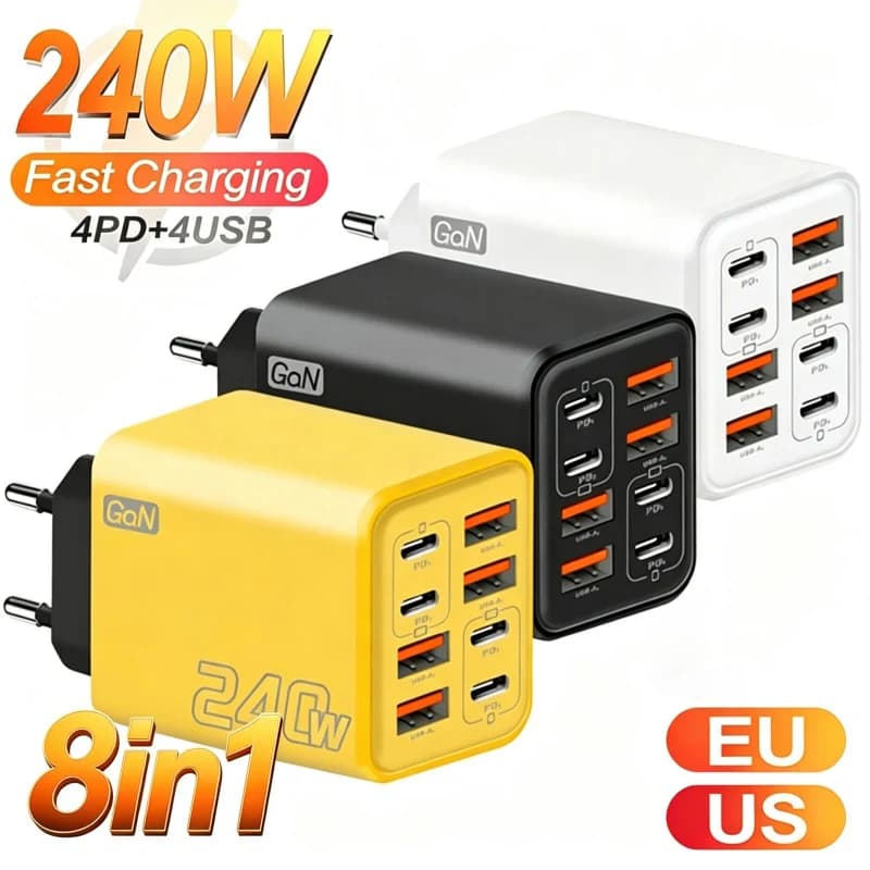 8 in 1 GaN USB C Desktop Charger 240W Fast Charge Phone Adapter Type C Cable For iPhone Samsung Xiaomi EU/US/UK Plug Charger NEW