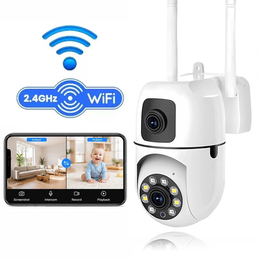 Telecamera WiFi Interna a Doppia Lente 3MP 2.4Ghz, Telecamera di Sicurezza Smart per Casa, Monitor per Animali e Bambini, Audio Bidirezionale, Rilevamento Movimento Automatico