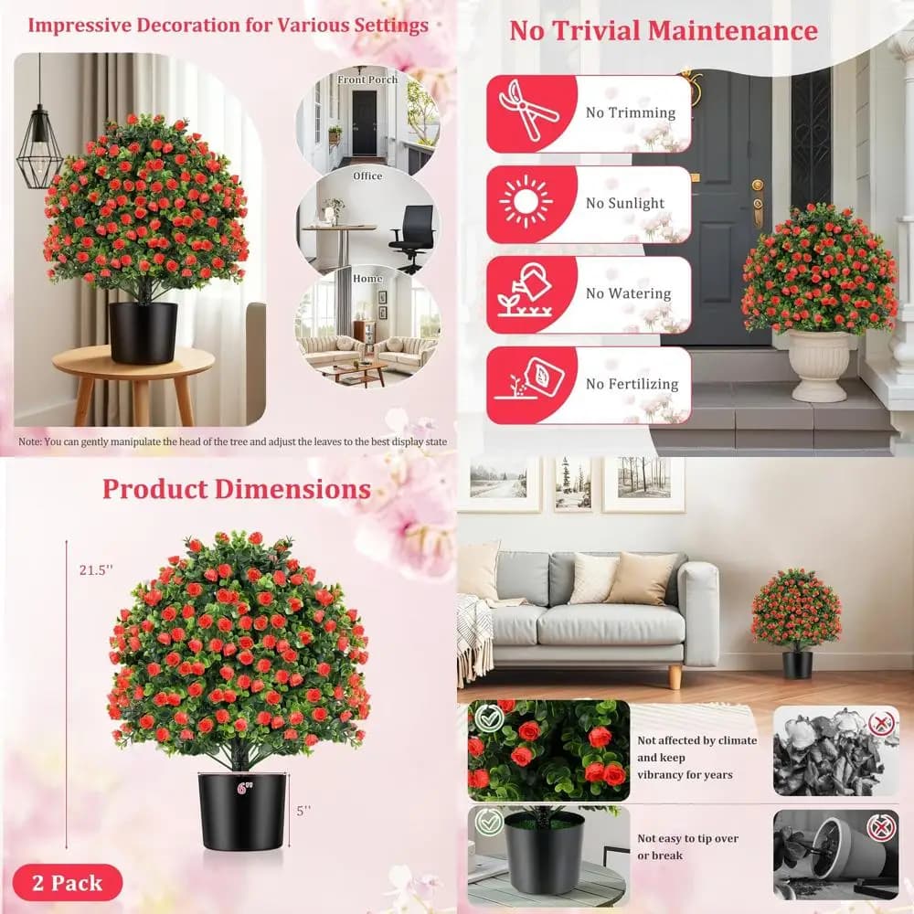 Pair of 21.5 Pneumatic Rose Shape Artificial Topiaria Spheres with Plants in Vase, Arbustes and Artificial Flowers for Interior or Exterior, Home and Veranda