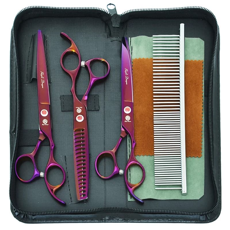 Forbici professionali Purple Dragon 7.0" per toelettatura animali, forbici curve e diritte per sottilegginamento, pinze e pettine B0021B