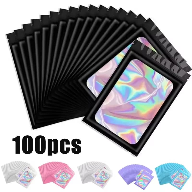 100 Pieces Holographic Bags with Zip Closure, Hyridescent Plastic Envelopes for Manicure Exhibition, Eyelashes, Earrings, Rings and Jewelry