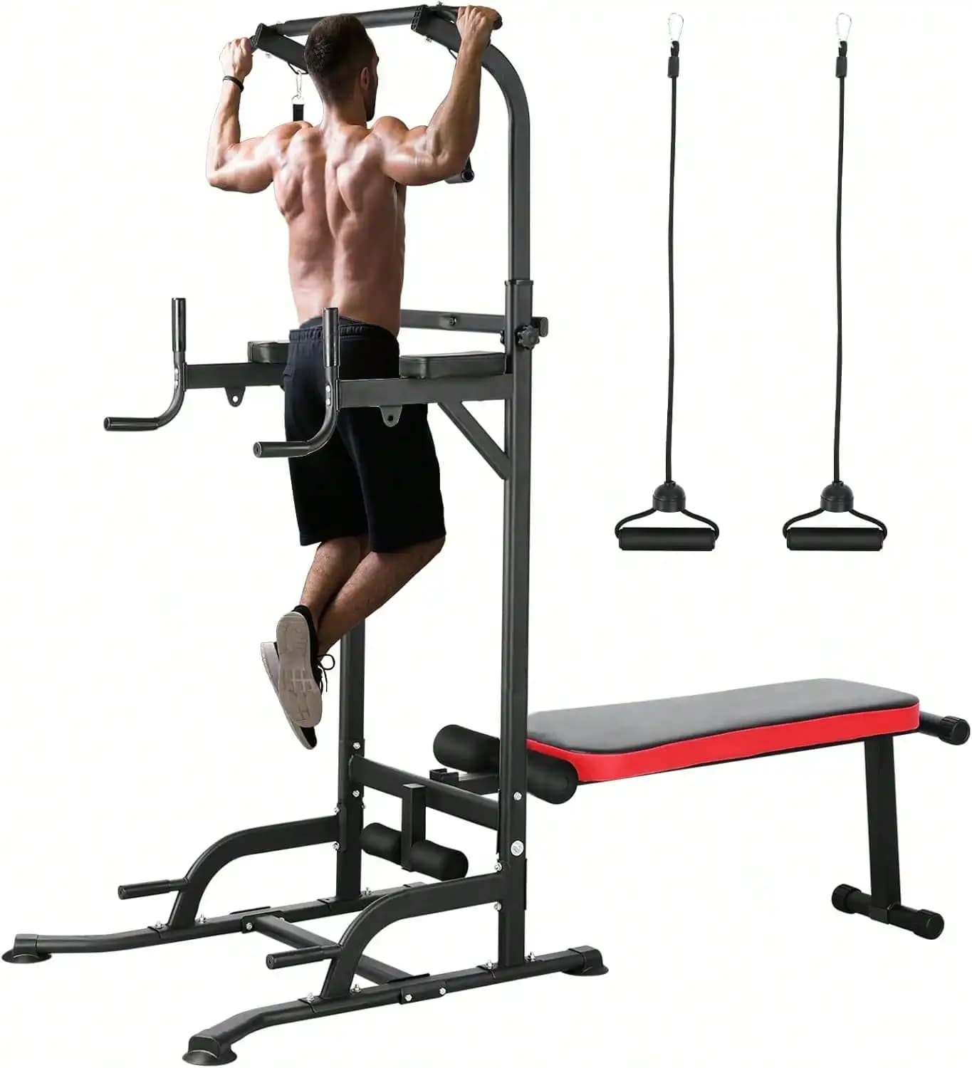 Power Tower With Folding Bench Gym Strength Training Equipment, Multi Function Pull Up Bar Stand Adjustable Height Dip Station, Home Office Body Sculpting Exercise Workout Machine, Black