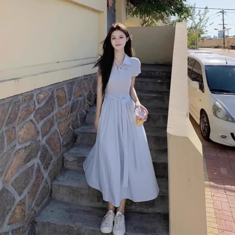 Polo Collar Cable Knit Midi Dress, Half Button Placket Puff Short Sleeve Self Tie Waist Flared Swing Hem Solid A-Line Long Dress