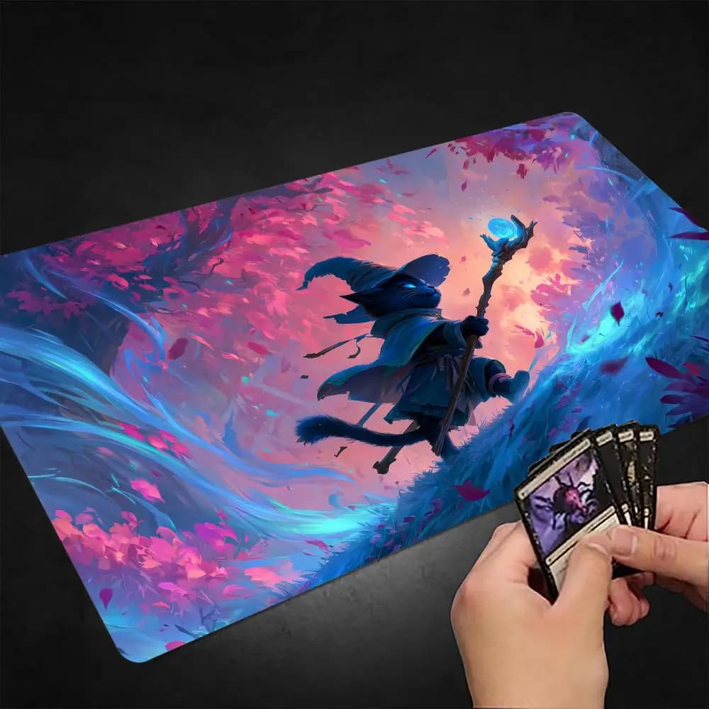 Tappetino da gioco MTG Forest Secret Realm e Cat Wizard, tappetino per carte Magic con bordi cuciti, antiscivolo, per giochi da tavolo e TCG