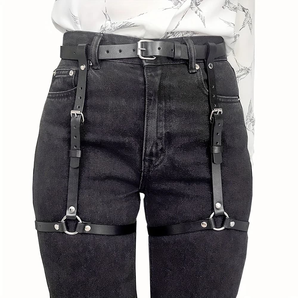 oth Punk PU Leather Full Waist Thigh Harness Belt Double Leg Garter Straps Adjustable Body Harness for Cosplay Party Streetwear