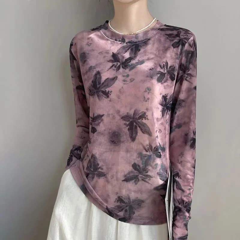 Women's Fashion Tie-Dye Floral Print Long Sleeve T-Shirt Crew Neck Irregular Hem Slim Fit Casual Top