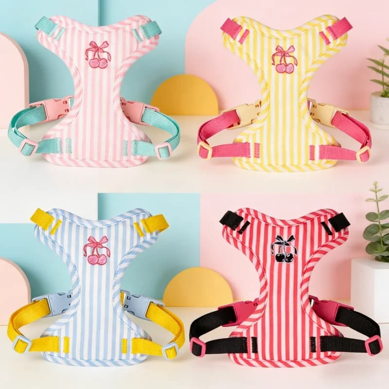 Pettorina Regolabile per Cani, Gilet alla Moda a Righe per Cuccioli con Guinzaglio, Stampa Ciliegia, Gilet per Animali Domestici, Simpatica Pettorina per Gatti, Accessori per Cani