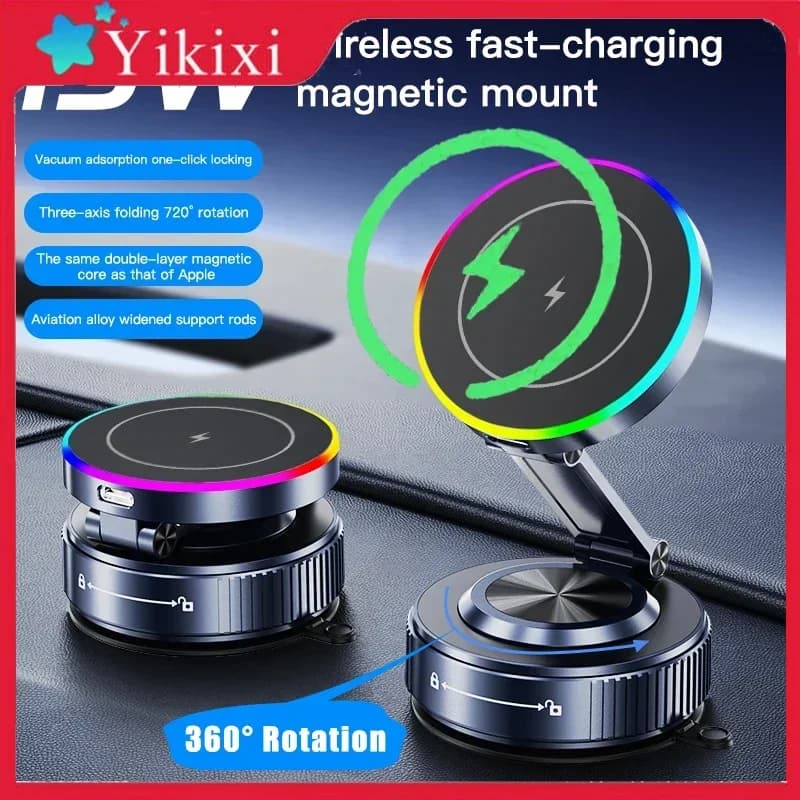 Supporto per telefono per auto con caricabatterie wireless di raffreddamento con staffa per cellulare con aspirazione magnetica con luce RGB respiratoria per iPhone 12/13/14/15/16