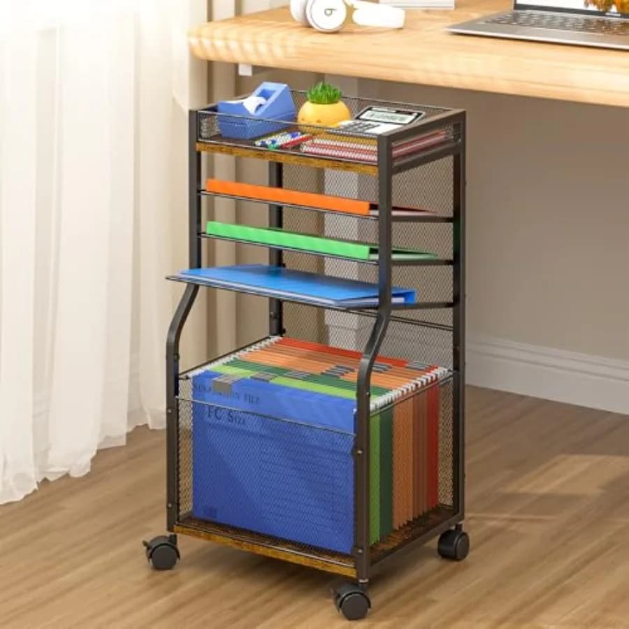 Carrello Portadocumenti a 5 Ripiani con Ruote Bloccabili, Organizzatore Mobile da Scrivania, Porta Cartelle e Fogli Scorrevoli, Nero