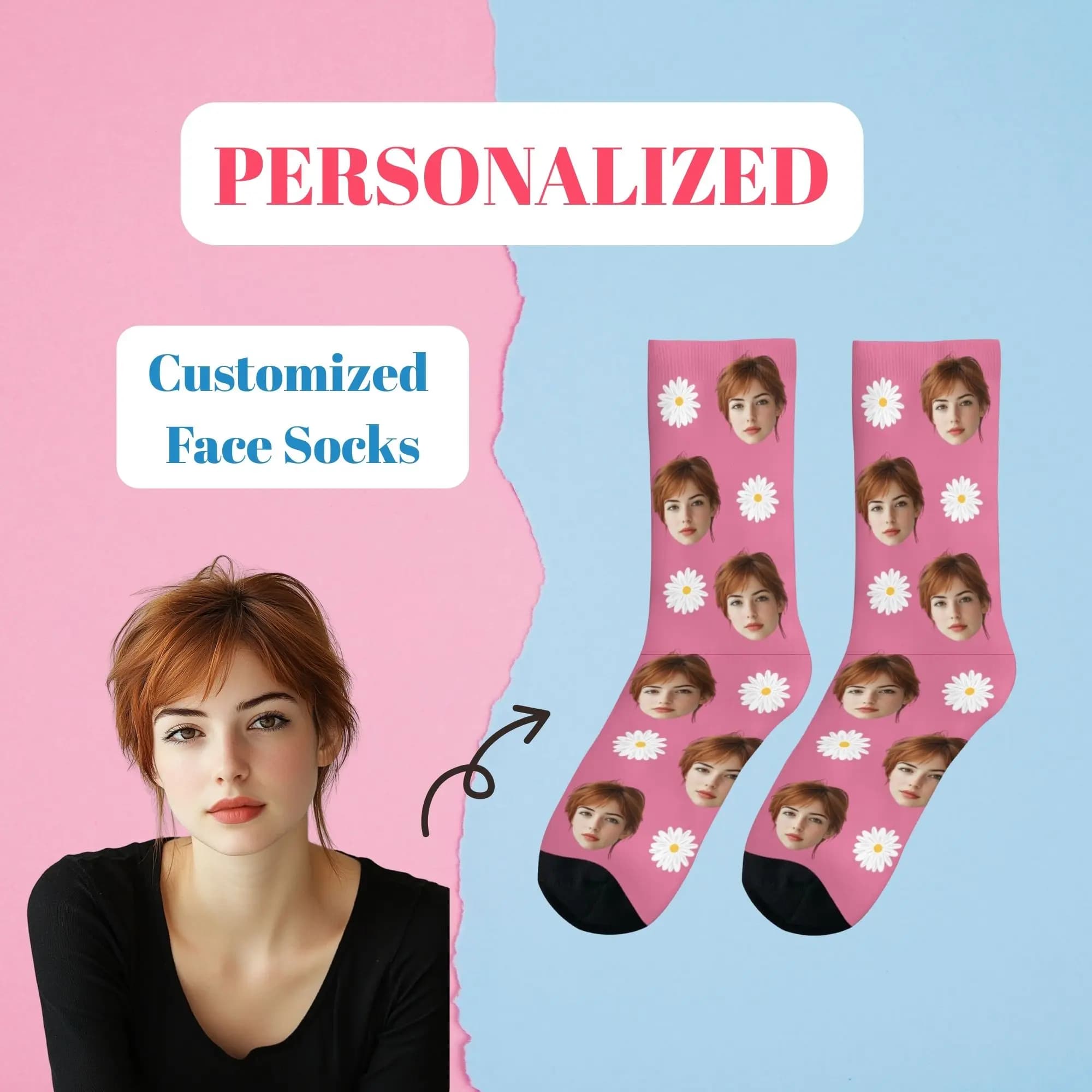 Fresh Cozy Personalized Custom Daisy Print Face Crew Socks Various Color with Daisy & Face Photo Print Soft Breathable for Women