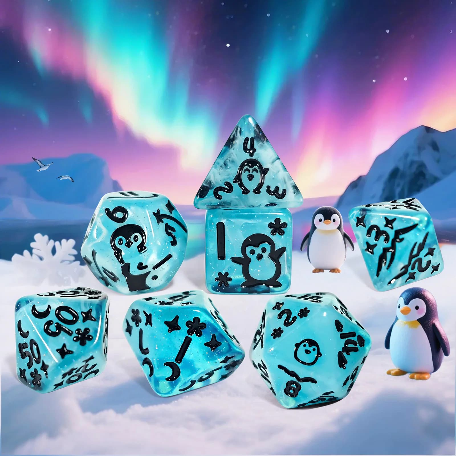 7 pezzi/set DND Set di dadi in resina con motivo simpatico pinguino per accessori per giochi di donjons e draghi