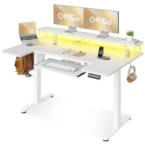 55 Inch U Shaped Electric Standing Desk with Keyboard Tray, White | 3 Outlets & 2 USB Ports, Dual-Monitor Stand, 10