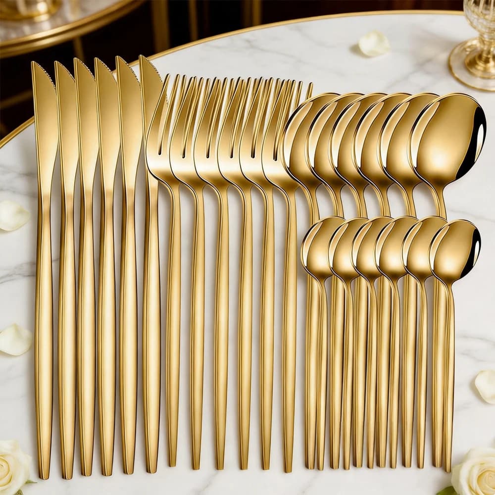24Pcs Stainless Steel Tableware Cutlery Set Reusable Flatware Knife Fork Spoon Tea Spoon Dinner Utensils For Kitchen Hotel