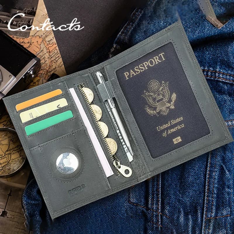 CONTACT'S Portafoglio per passaporto in vera pelle da uomo, porta carte di credito RFID alla moda, borsa porta soldi da donna, borsa da viaggio antifurto, regalo