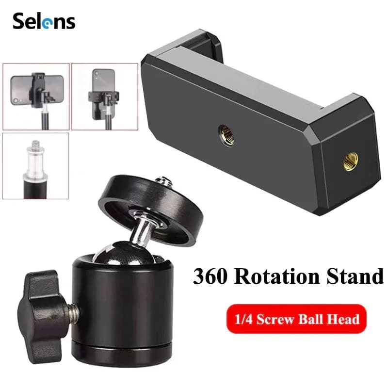 Supporto Universale per Telefono Cellulare Selens con Clip, Rotazione a 360°, Testa a Sfera con Vite da 1/4 per Treppiede, Monopiede, Foto e Vlog dal Vivo