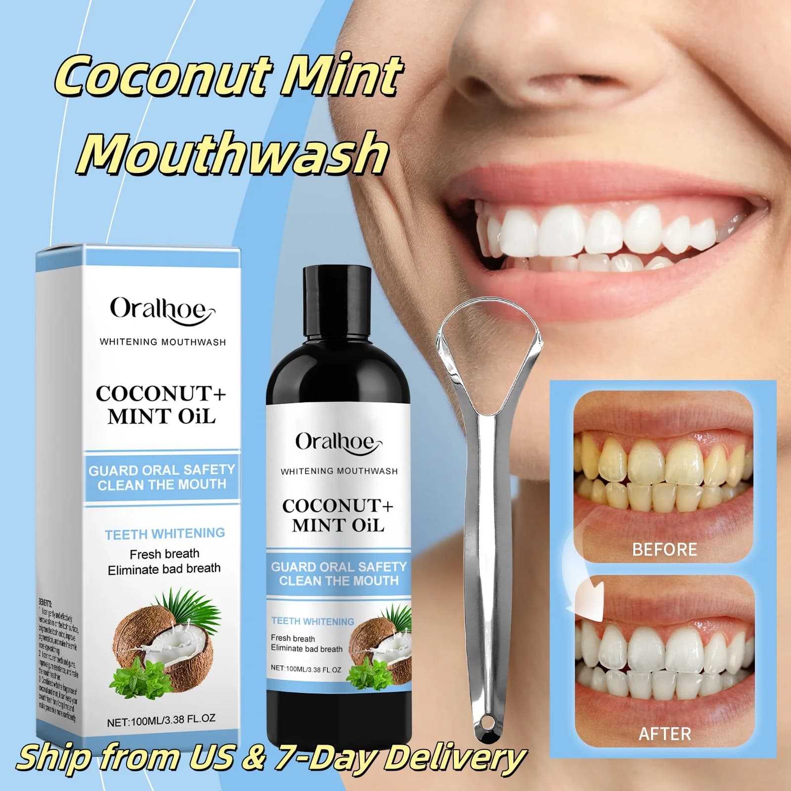 Olio da tirare alla menta di cocco Collutorio Senza alcol Sbiancamento dei denti Alito orale fresco Set di raschietti per lingua Strumento per sbiancamento Cura della bocca