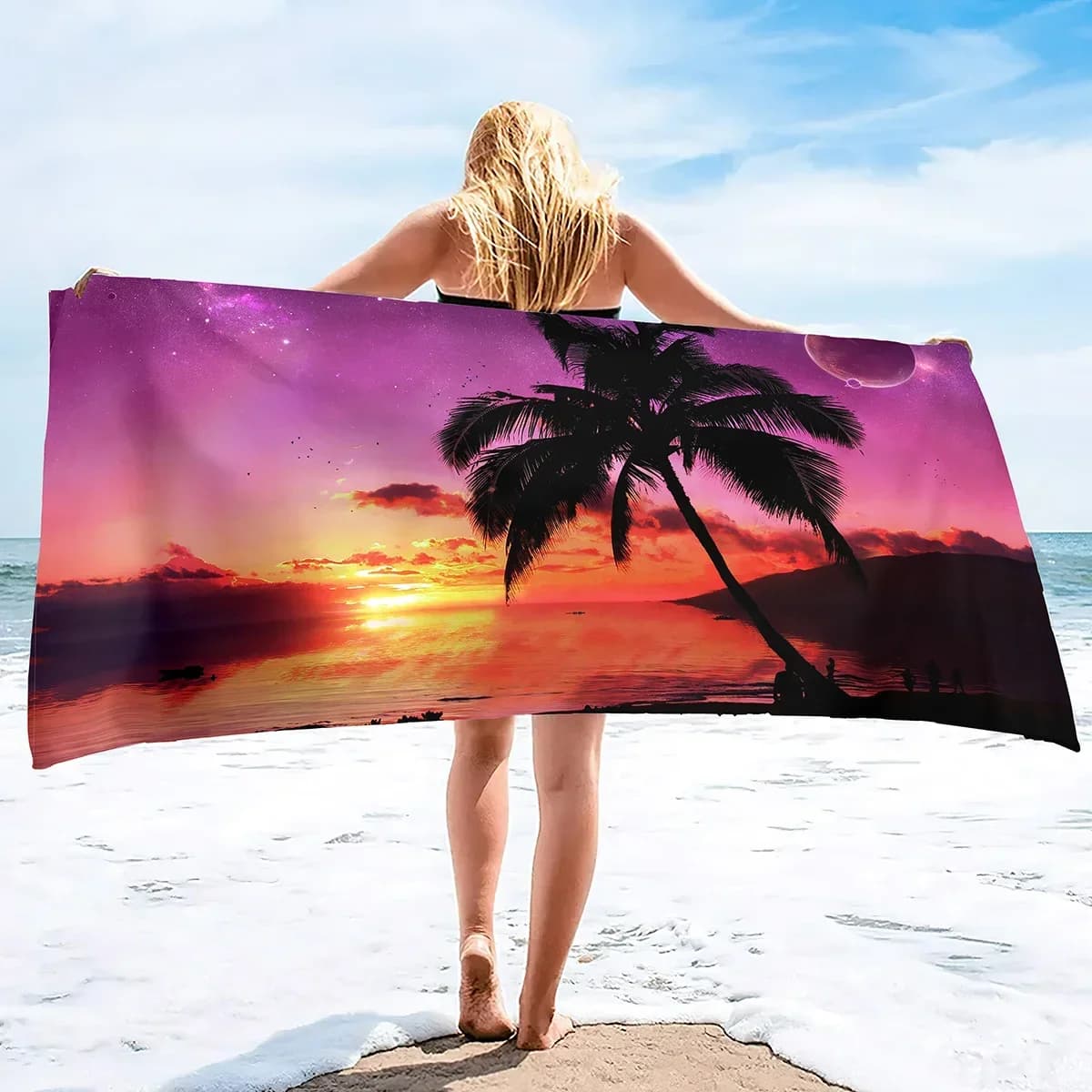 Telo Mare Personalizzato con Palme al Tramonto, Stampa Paesaggio Tropicale, in Microfibra Anti-Sabbia, Asciugatura Rapida, Morbido, Accessorio da Viaggio